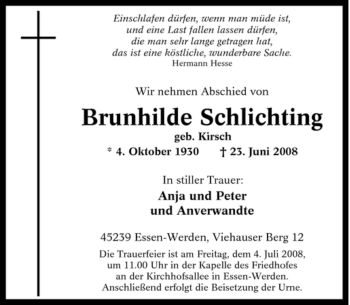 Traueranzeige von Brunhilde Schlichting von Tageszeitung