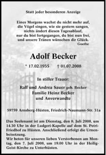 Traueranzeige von Adolf Becker von Tageszeitung