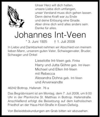 Traueranzeige von Johannes Int-Veen von Tageszeitung