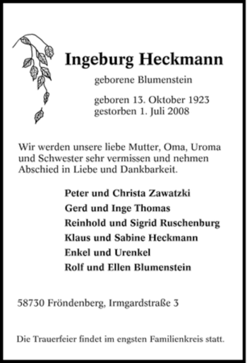 Traueranzeige von Ingeburg Heckmann von Tageszeitung
