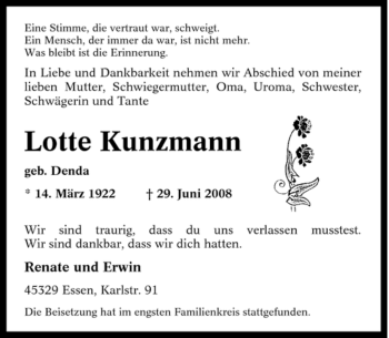 Traueranzeige von Lotte Kunzmann von Tageszeitung