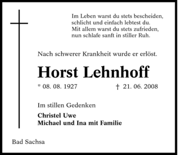 Traueranzeige von Horst Lehnhoff von Tageszeitung