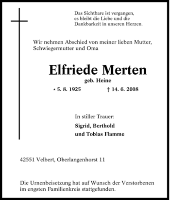 Traueranzeige von Elfriede Merten von Tageszeitung