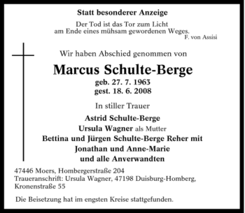 Traueranzeige von Marcus Schulte-Berge von Tageszeitung