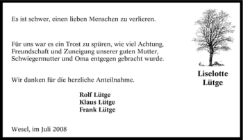 Traueranzeige von Liselotte Lütge von Tageszeitung