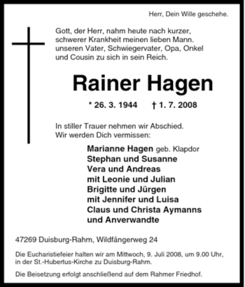 Traueranzeige von Rainer Hagen von Tageszeitung