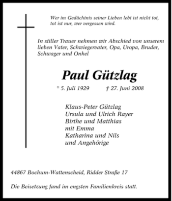 Traueranzeige von Paul Gützlag von Tageszeitung