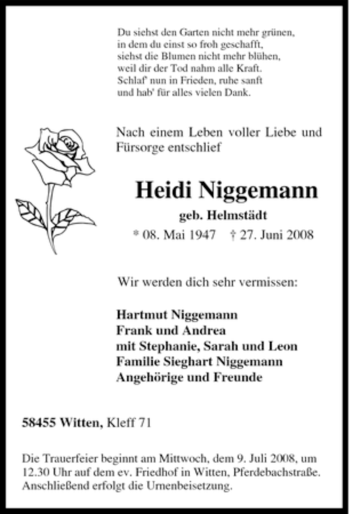 Traueranzeige von Heidi Niggemann von Tageszeitung