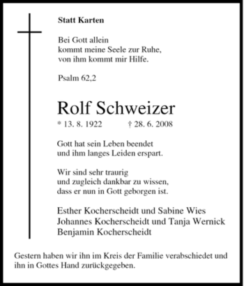 Traueranzeige von Rolf Schweizer von Tageszeitung