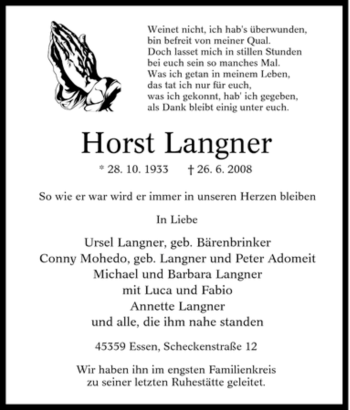 Traueranzeige von Horst Langner von Tageszeitung
