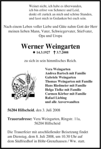 Traueranzeige von Werner Weingarten von Tageszeitung