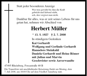 Traueranzeige von Herbert Müller von Tageszeitung