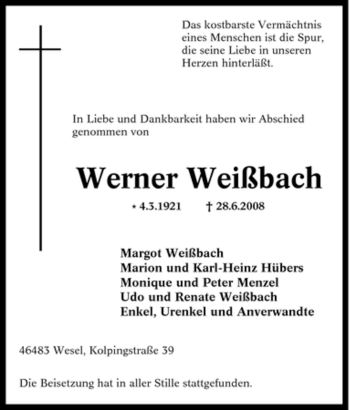 Traueranzeige von Werner Weißbach von Tageszeitung