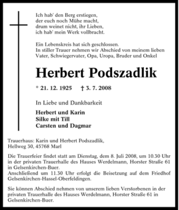 Traueranzeige von Herbert Podszadlik von Tageszeitung