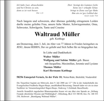 Traueranzeige von Waltraud Müller von Tageszeitung