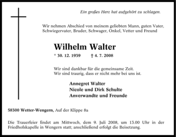 Traueranzeige von Wilhelm Walter von Tageszeitung