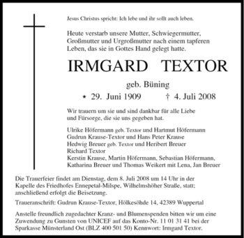 Traueranzeige von Irmgard Textor von Tageszeitung