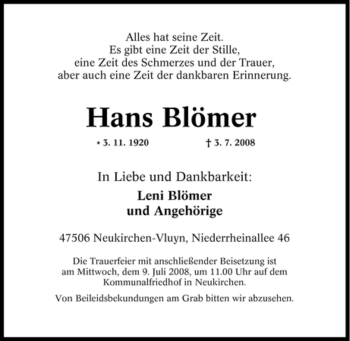 Traueranzeige von Hans Blömer von Tageszeitung