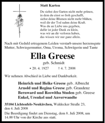 Traueranzeige von Ella Greese von Tageszeitung