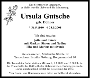 Traueranzeige von Ursula Gutsche von Tageszeitung