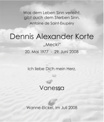 Traueranzeige von Dennis Alexander Korte von Tageszeitung