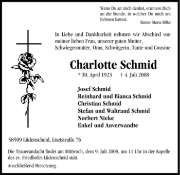Traueranzeige von Charlotte Schmid von Tageszeitung