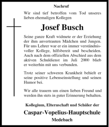 Traueranzeige von Josef Busch von Tageszeitung
