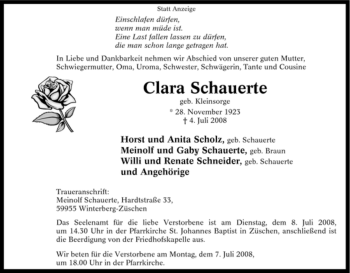 Traueranzeige von Clara Schauerte von Tageszeitung