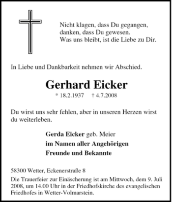 Traueranzeige von Gerhard Eicker von Tageszeitung