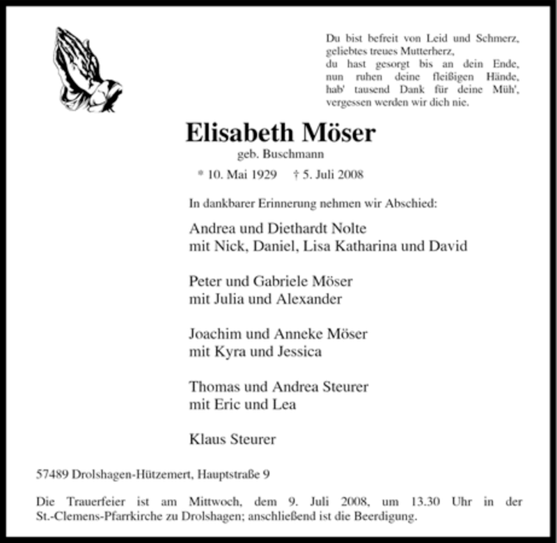  Traueranzeige für Elisabeth Möser vom 07.07.2008 aus Tageszeitung