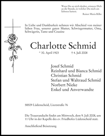 Traueranzeige von Charlotte Schmid von Tageszeitung