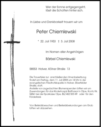 Traueranzeige von Peter Chiemlewski von Tageszeitung