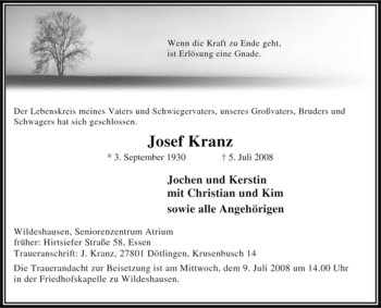 Traueranzeige von Josef Kranz von Tageszeitung