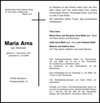 Traueranzeige von Maria Arns von Tageszeitung