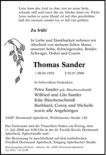Traueranzeige von Thomas Sander von Tageszeitung