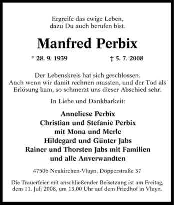 Traueranzeige von Manfred Perbix von Tageszeitung