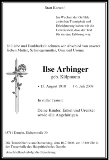 Traueranzeige von Ilse Arbinger von Tageszeitung