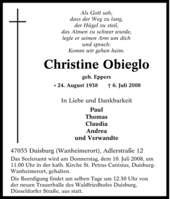 Traueranzeige von Christine Obieglo von Tageszeitung