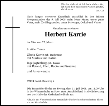 Traueranzeige von Herbert Karrie von Tageszeitung