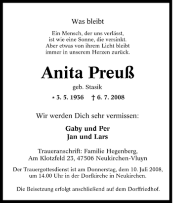 Traueranzeige von Anita Preuß von Tageszeitung