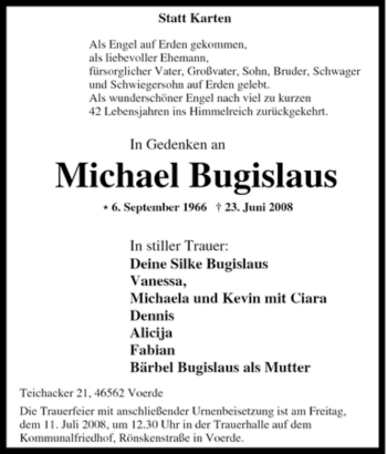 Traueranzeige von Michael Bugislaus von Tageszeitung