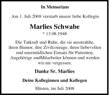 Traueranzeige von Marlies Schwabe von Tageszeitung