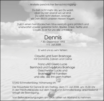Traueranzeige von Unbekannt Dennis von Tageszeitung