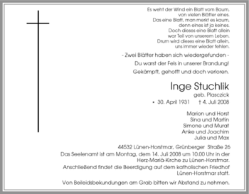 Traueranzeige von Inge Stuchlik von Tageszeitung