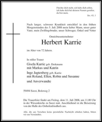 Traueranzeige von Herbert Karrie von Tageszeitung