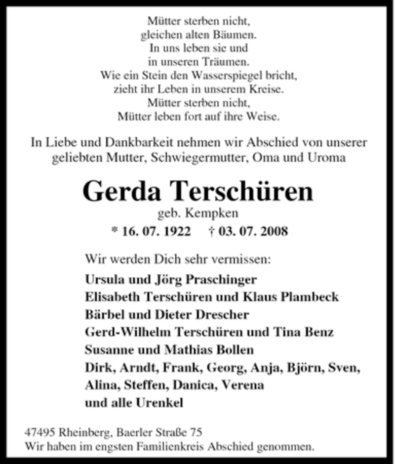  Traueranzeige für Gerda Terschüren vom 09.07.2008 aus Tageszeitung