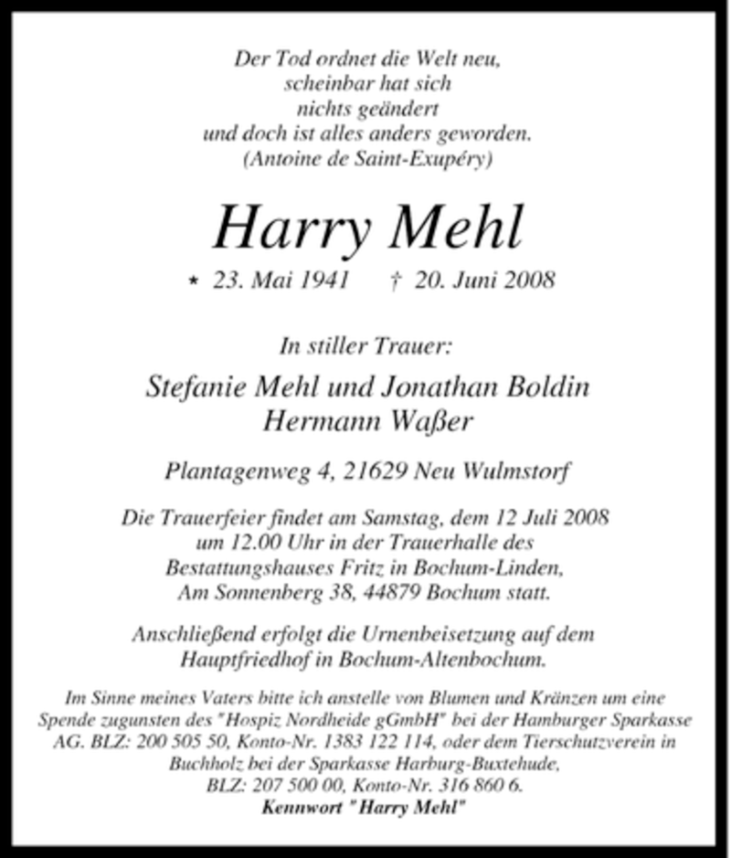  Traueranzeige für Harry Mehl vom 09.07.2008 aus Tageszeitung