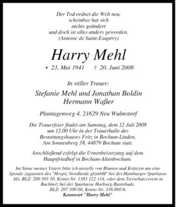 Traueranzeige von Harry Mehl von Tageszeitung