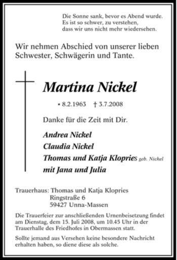 Traueranzeige von Martina Nickel von Tageszeitung