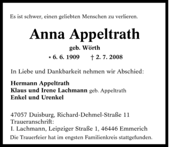 Traueranzeige von Anna Appeltrath von Tageszeitung